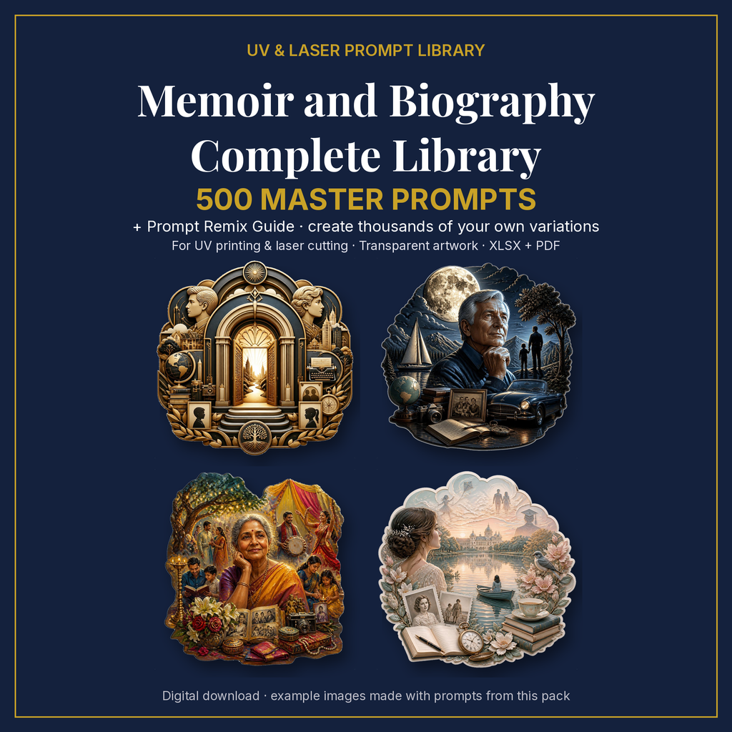 Cover: Memoir and Biography Complete Library, 500 master prompts + Prompt Remix Guide