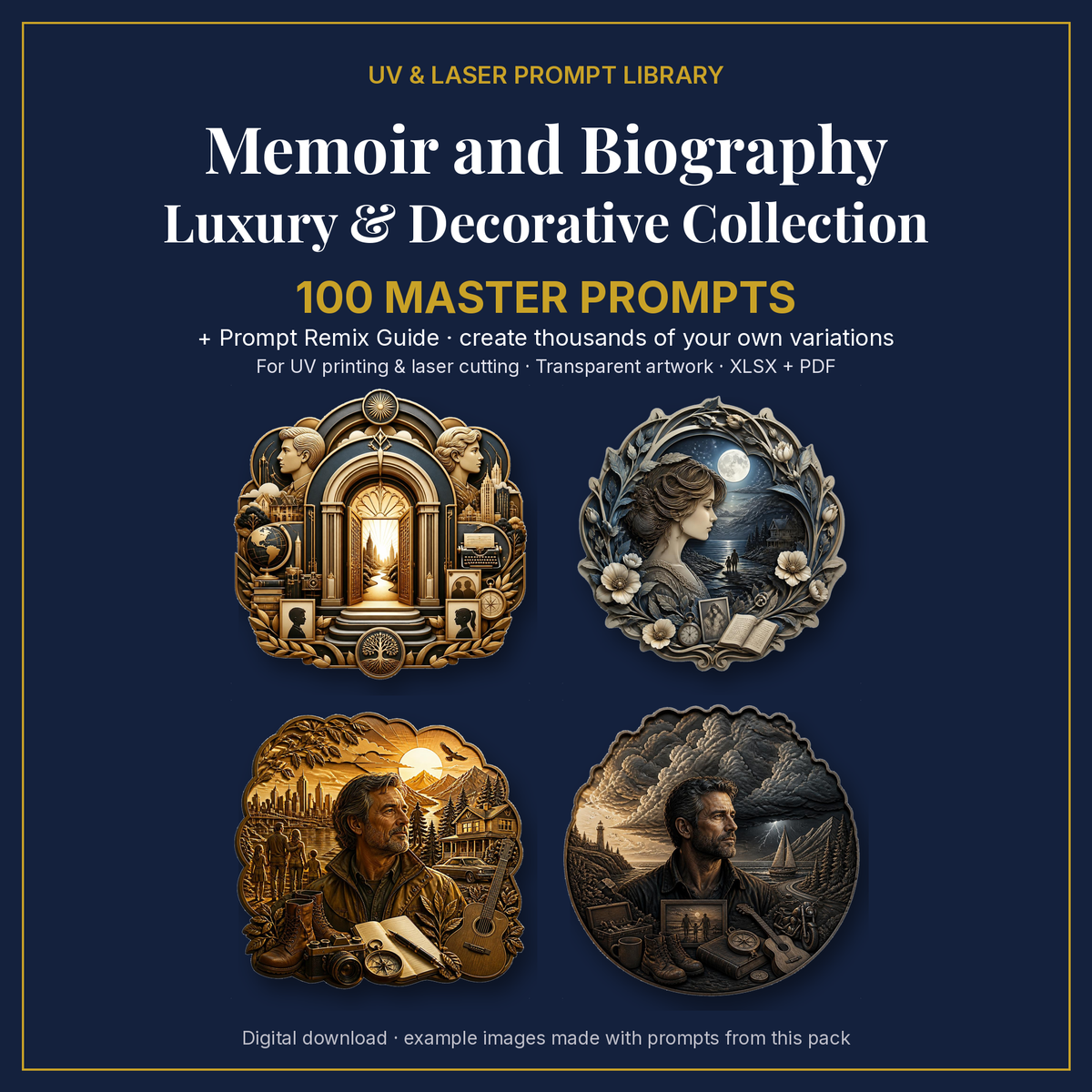 Cover: Memoir and Biography Luxury & Decorative Collection, 100 master prompts + Prompt Remix Guide