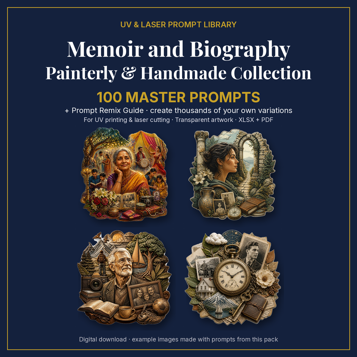 Cover: Memoir and Biography Painterly & Handmade Collection, 100 master prompts + Prompt Remix Guide