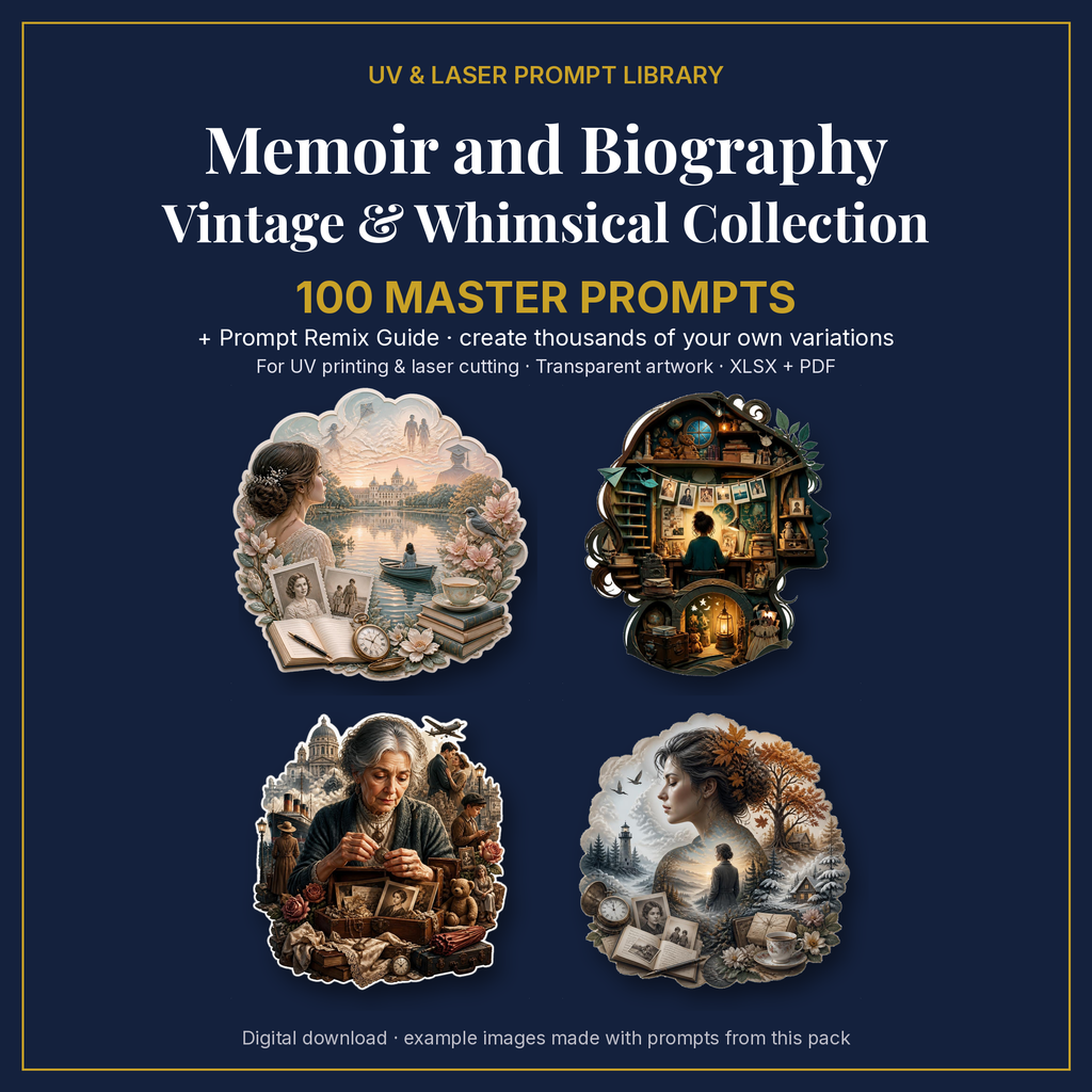Cover: Memoir and Biography Vintage & Whimsical Collection, 100 master prompts + Prompt Remix Guide