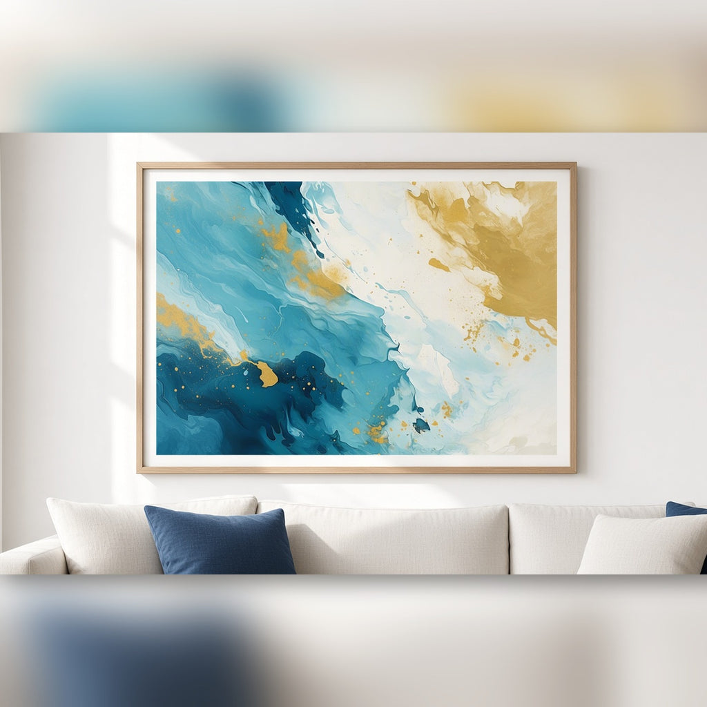 Teal and gold fluid abstract from the bundle shown as a flat framed print, image 0042