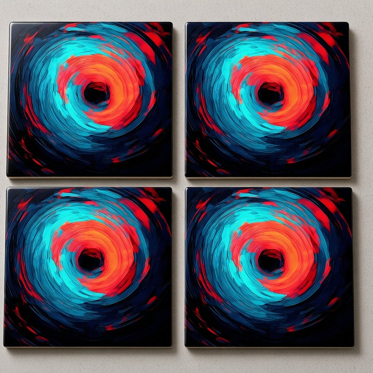 Cyan and coral abstract vortex from the bundle printed flat on a set of four coasters, image 0427