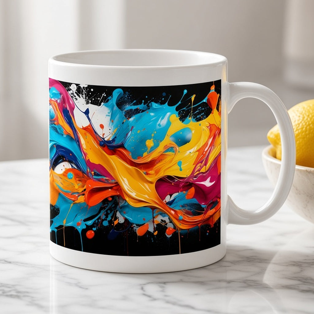 Colourful abstract paint splash from the bundle printed flat on a ceramic mug, image 0620