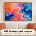 Abstract Art Collection: Large framed abstract fluid painting in orange, pink and blue above a cream boucle sofa with terracotta cushions, made with an image from this bundle