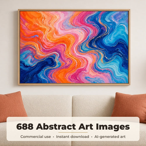 Abstract Art Collection: Large framed abstract fluid painting in orange, pink and blue above a cream boucle sofa with terracotta cushions, made with an image from this bundle