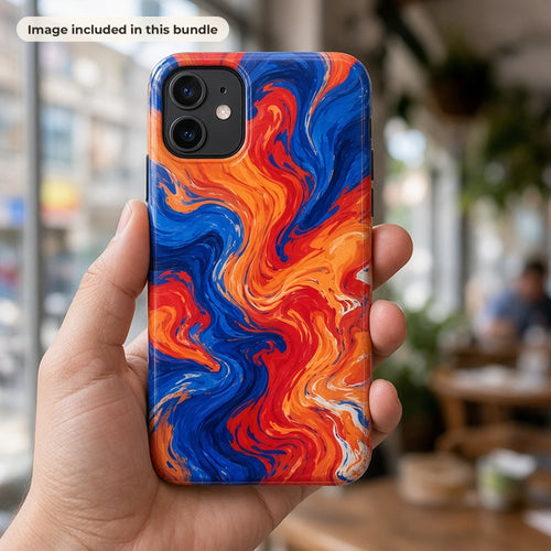 Abstract Art Collection: Hand holding a phone case printed with a bold blue, orange and red abstract swirl in a city cafe (image from this bundle)