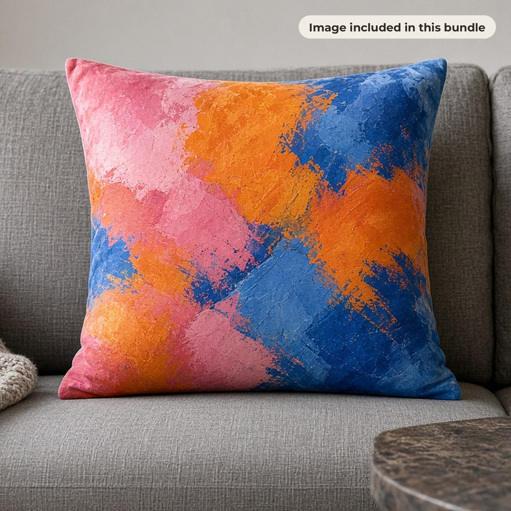 Abstract Art Collection: Velvet cushion printed with painterly pink, orange and blue abstract blocks on a grey sofa (image from this bundle)