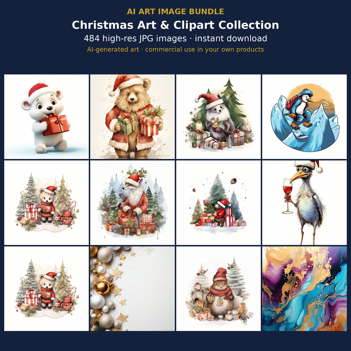 Christmas Art & Clipart Collection: cover showing sample AI-generated images