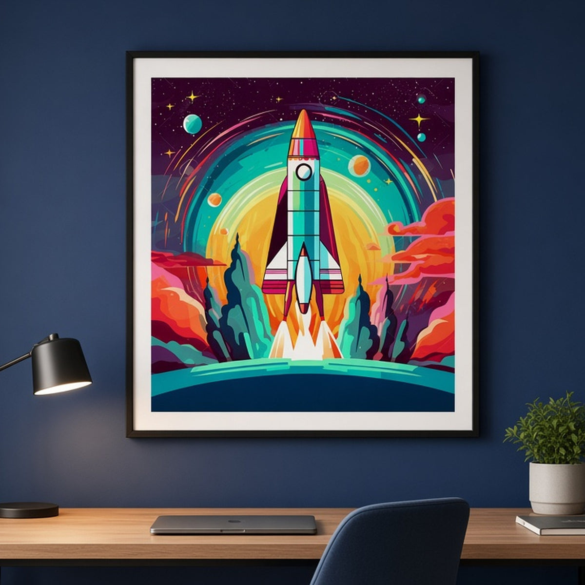 Retro rocket launch from the bundle shown as a flat framed print, image 0039