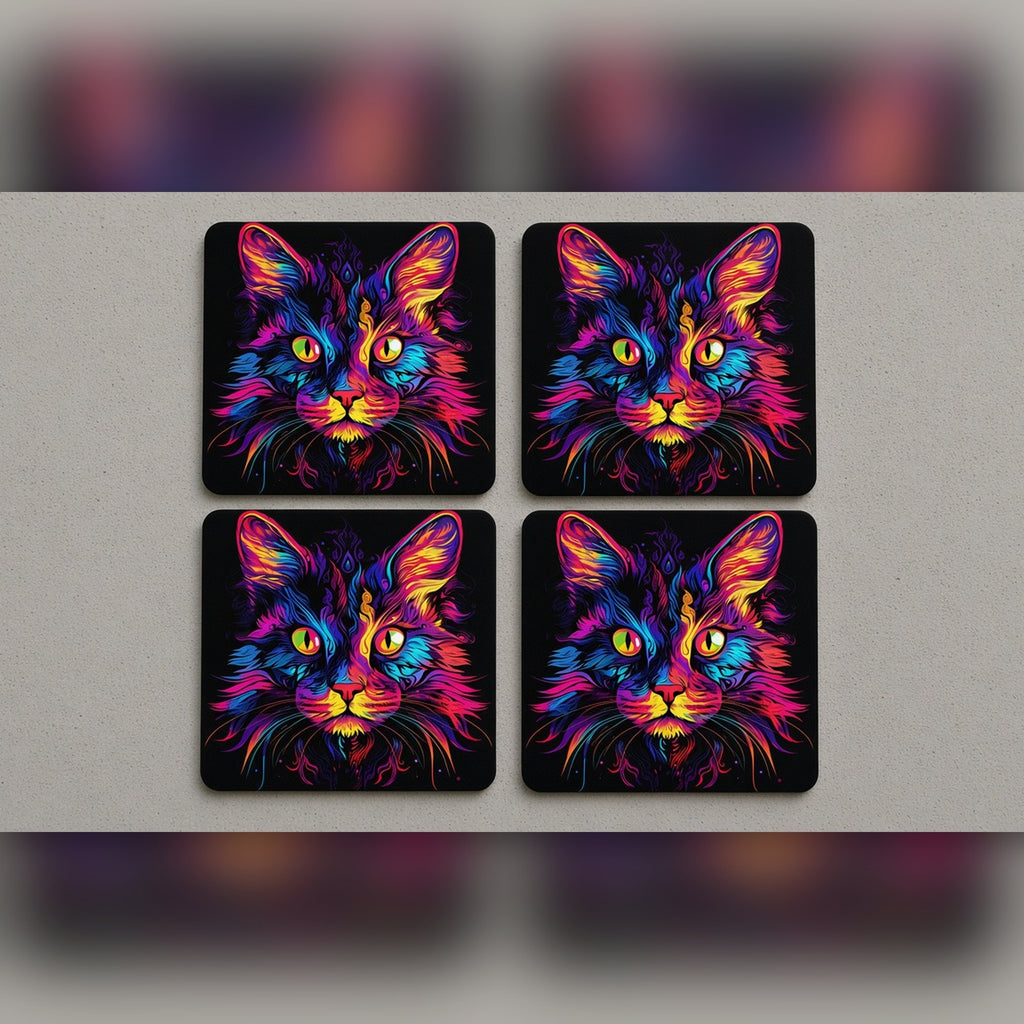 Neon cat portrait from the bundle printed flat on coasters, image 0023