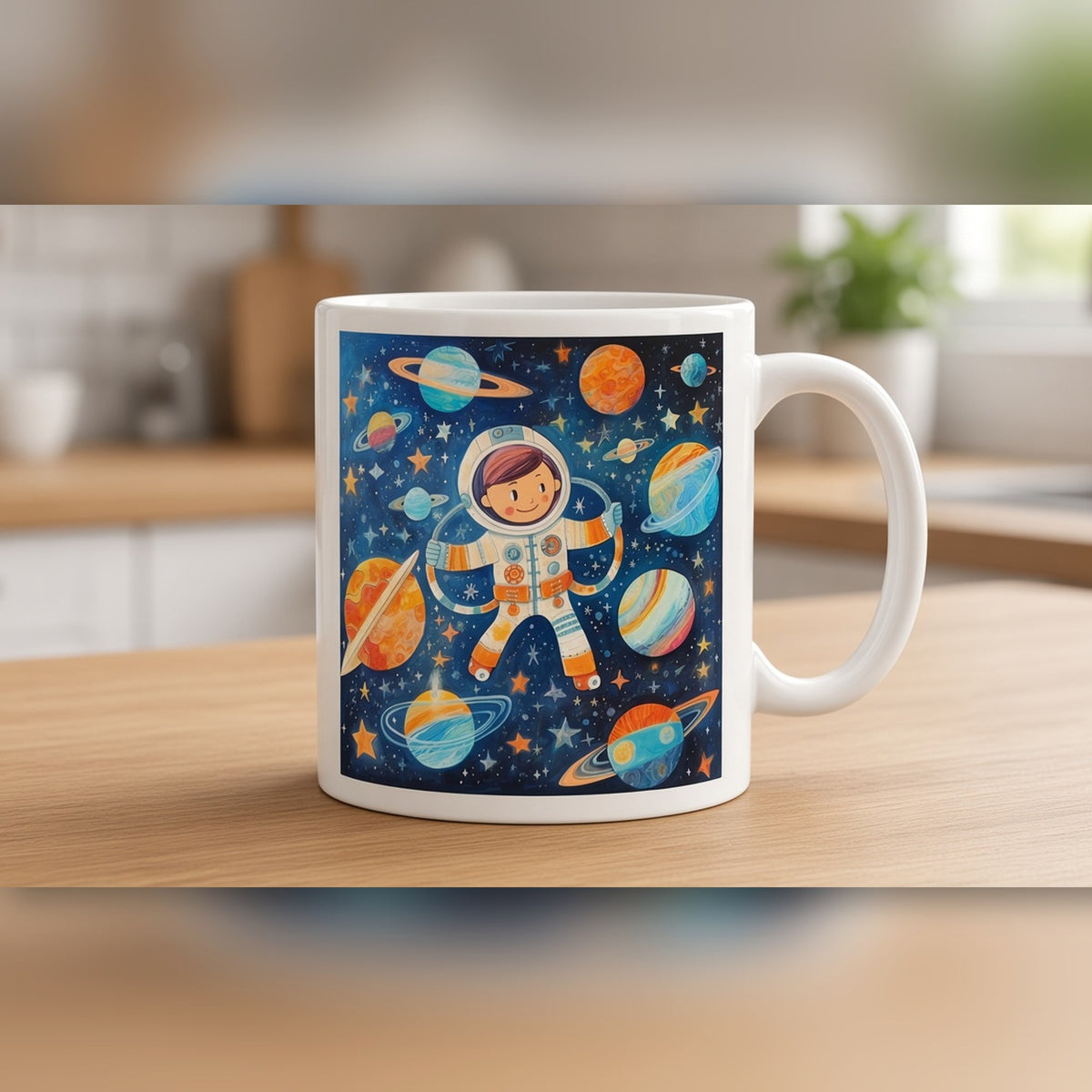Cartoon astronaut among planets from the bundle printed flat on a mug, image 0102