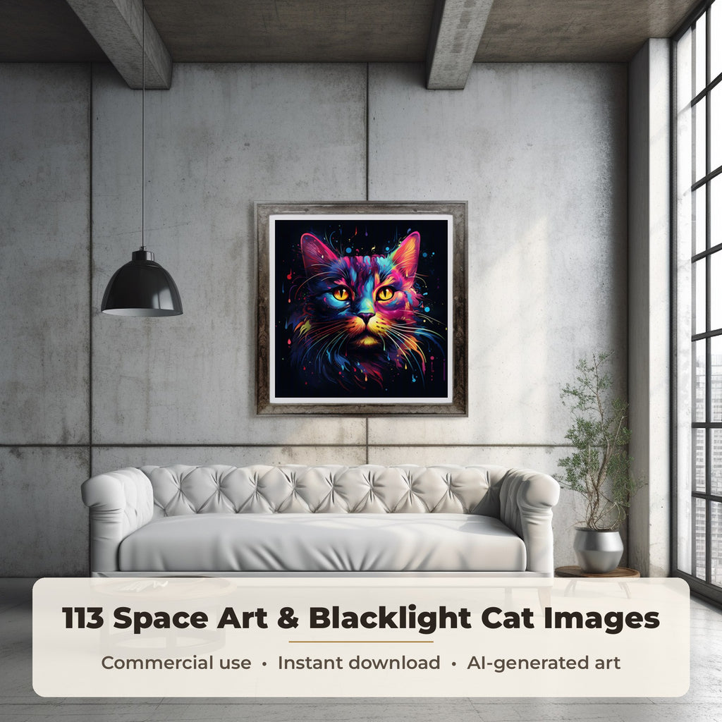 Space Art & Blacklight Cats: framed print of an image from the bundle on a living room wall, 113 images included
