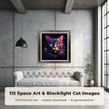 Space Art & Blacklight Cats: framed print of an image from the bundle on a living room wall, 113 images included