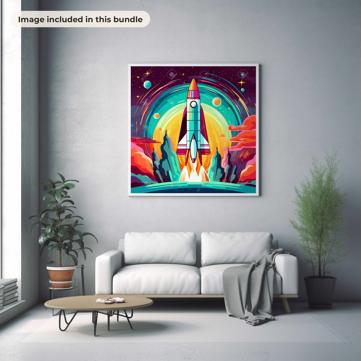 Space Art & Blacklight Cats: real image from the bundle printed as large framed wall art in a styled interior