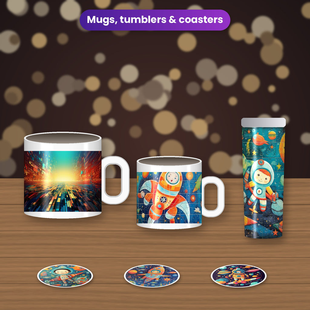 Space Art & Blacklight Cats: bundle images printed on mugs, a tumbler and coasters on a wooden table