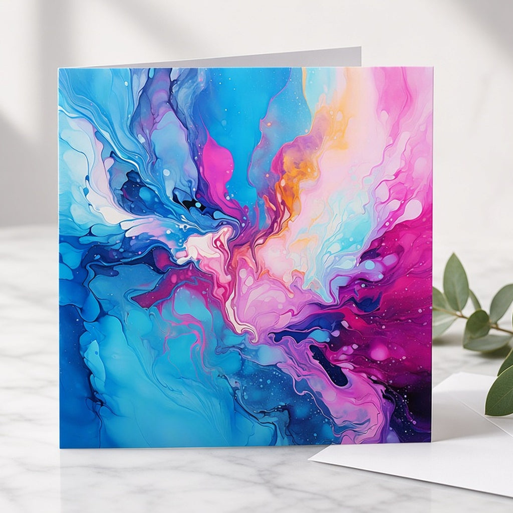 Blue and magenta fluid ink abstract from the bundle printed flat on a greeting card, image 0298