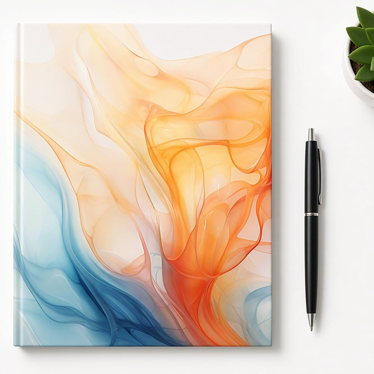Orange and blue ink-wash abstract from the bundle printed flat on a hardback notebook, image 0353