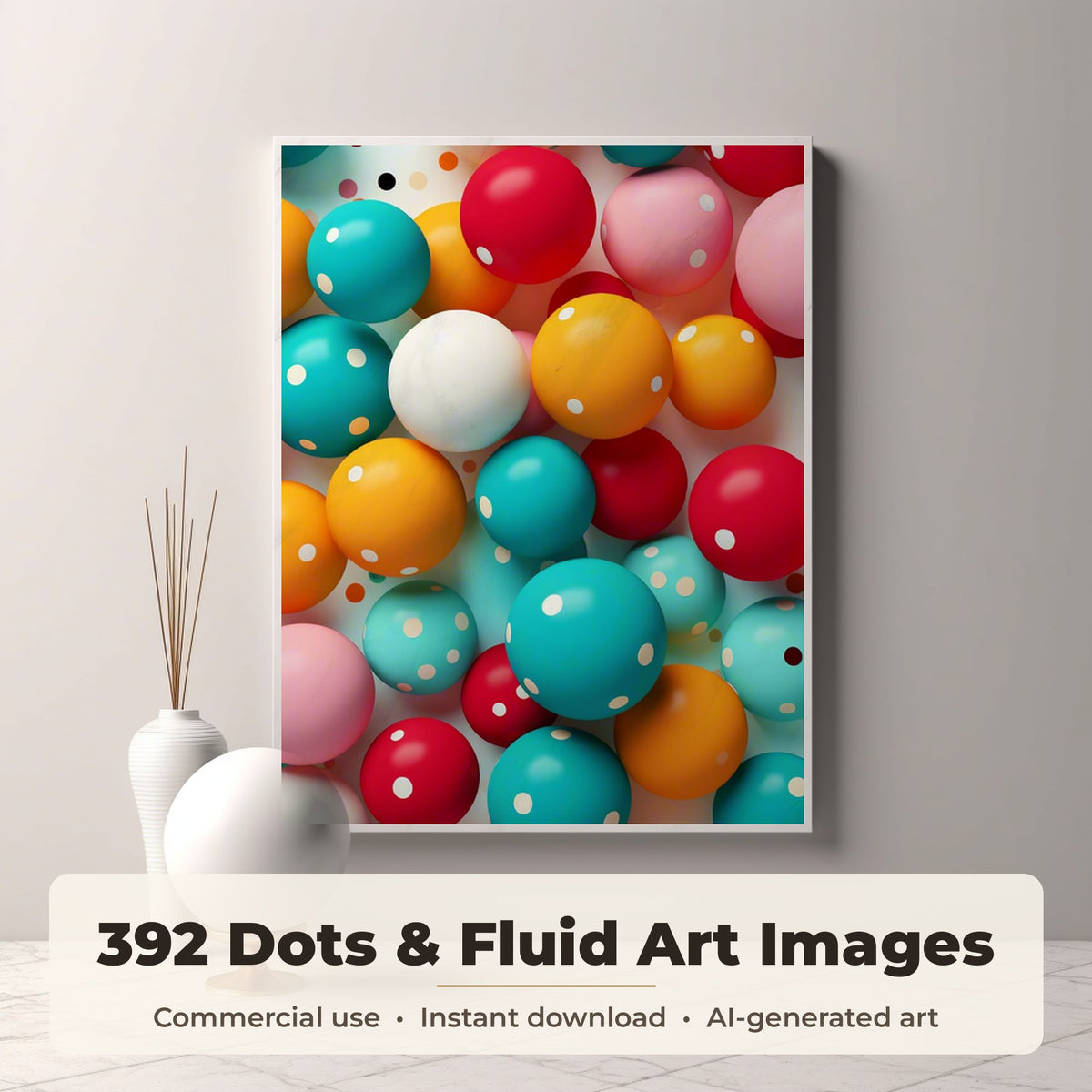 Dots & Fluid Art Collection: framed print of an image from the bundle on a living room wall, 392 images included