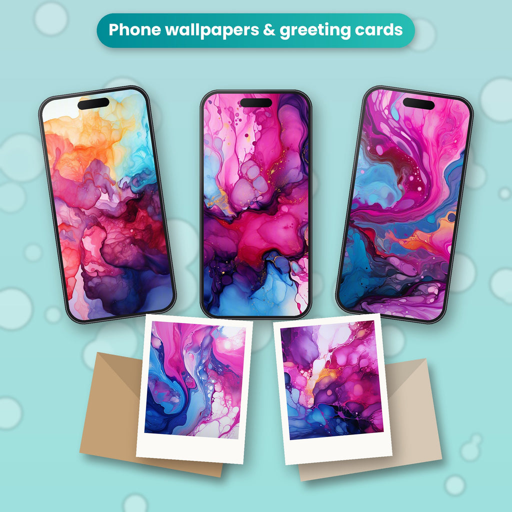 Dots & Fluid Art Collection: bundle images used as phone wallpapers and printed greeting cards with envelopes
