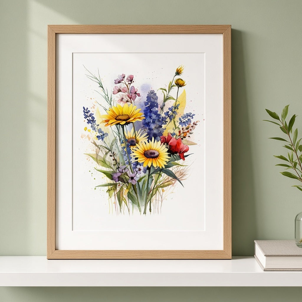 Watercolour wildflower bouquet from the bundle shown as a flat framed print, image 0622