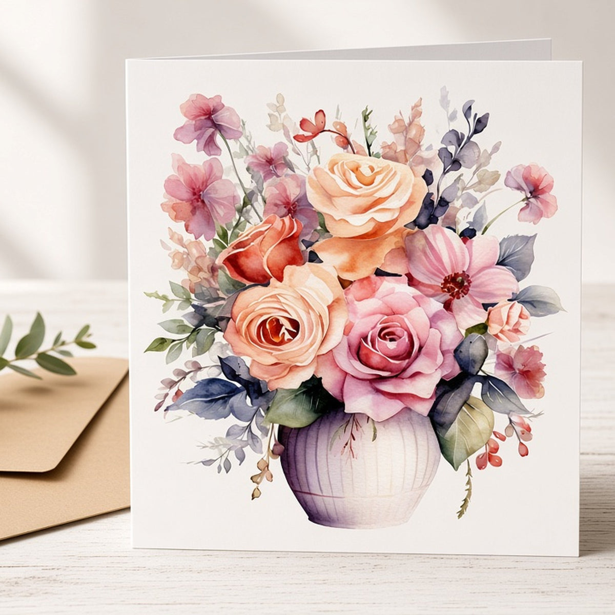 Watercolour roses in a vase from the bundle printed flat on a greeting card, image 1184
