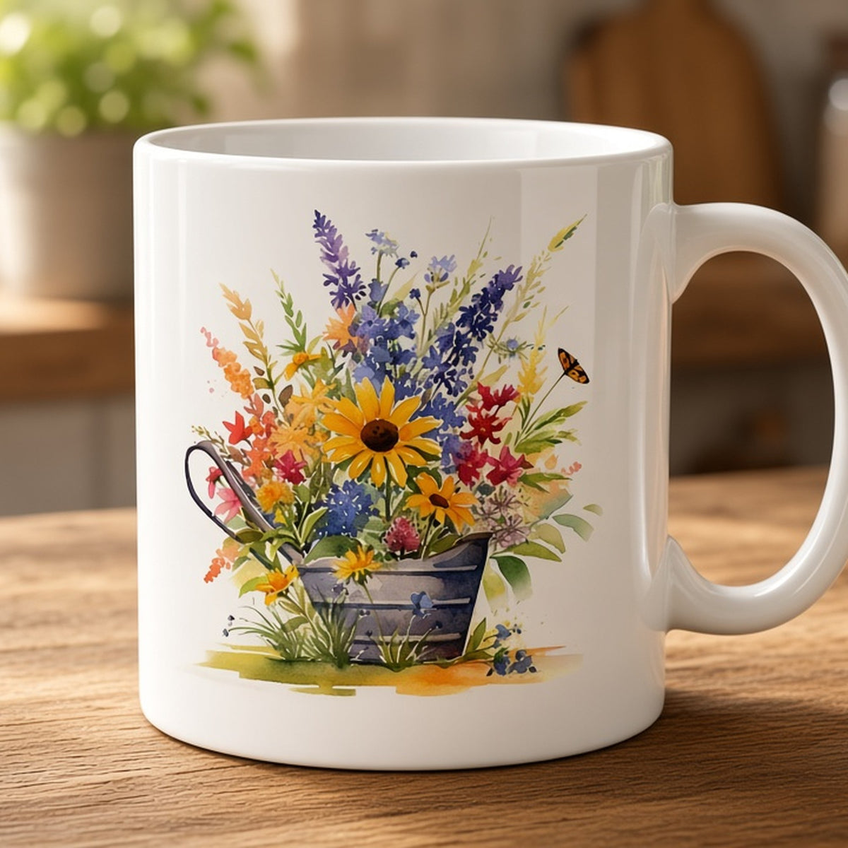 Watercolour watering can of wildflowers from the bundle printed flat on a ceramic mug, image 1632