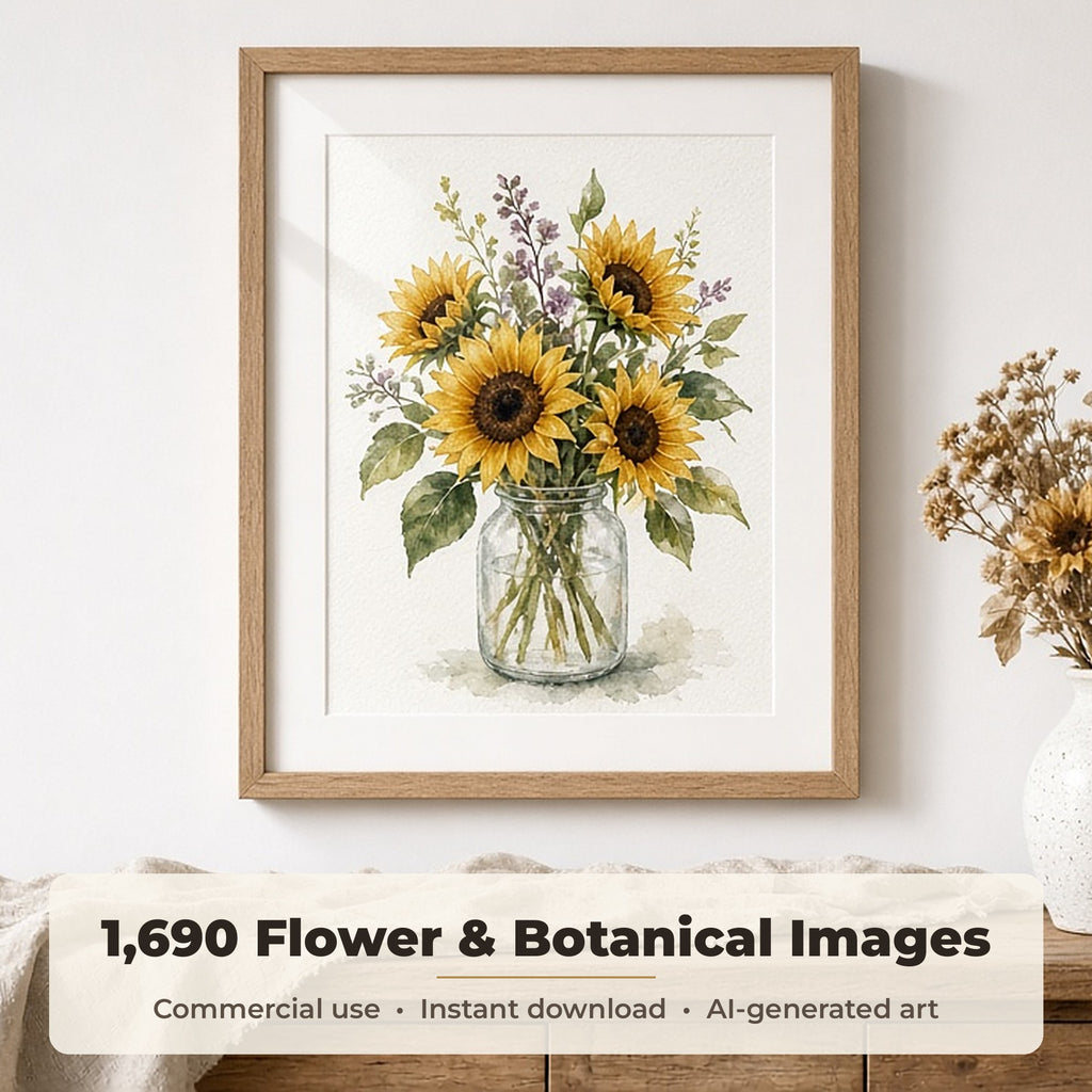 Flower & Botanical Art Collection: Framed watercolour print of sunflowers in a glass jar on a white wall above a rustic sideboard with a jug of dried flowers, made with an image from this bundle