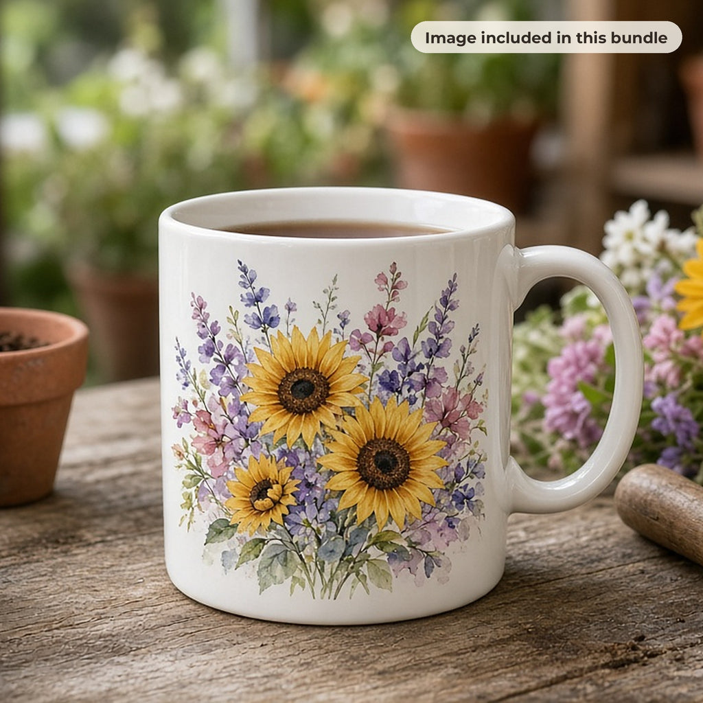 Flower & Botanical Art Collection: White tea mug printed with watercolour sunflowers and wildflowers on a garden potting bench with terracotta pots (image from this bundle)