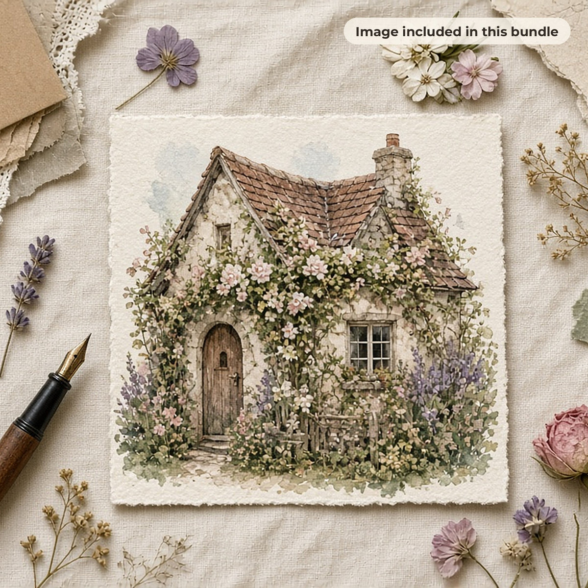 Flower & Botanical Art Collection: Handmade card printed with a watercolour flower-covered cottage, with pressed flowers, lace, a vintage key and a fountain pen (image from this bundle)