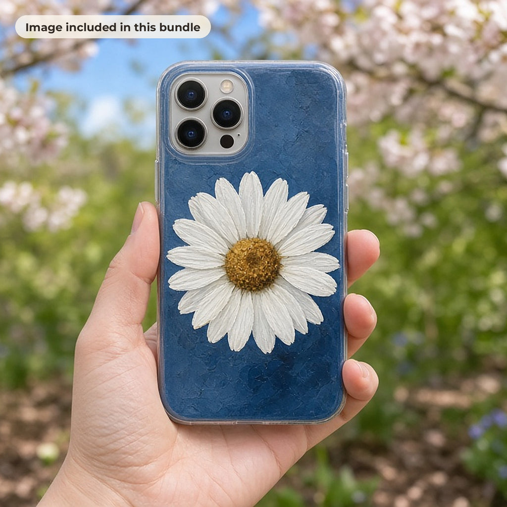 Flower & Botanical Art Collection: Hand holding a phone case printed with a textured white daisy on blue, in front of spring blossom (image from this bundle)