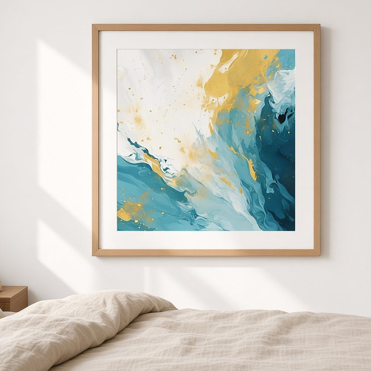 Teal, white and ochre fluid abstract from the bundle shown as a flat framed print, image 0002