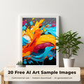 Free AI Art Sample Pack: framed print of an image from the bundle on a living room wall, 20 images included