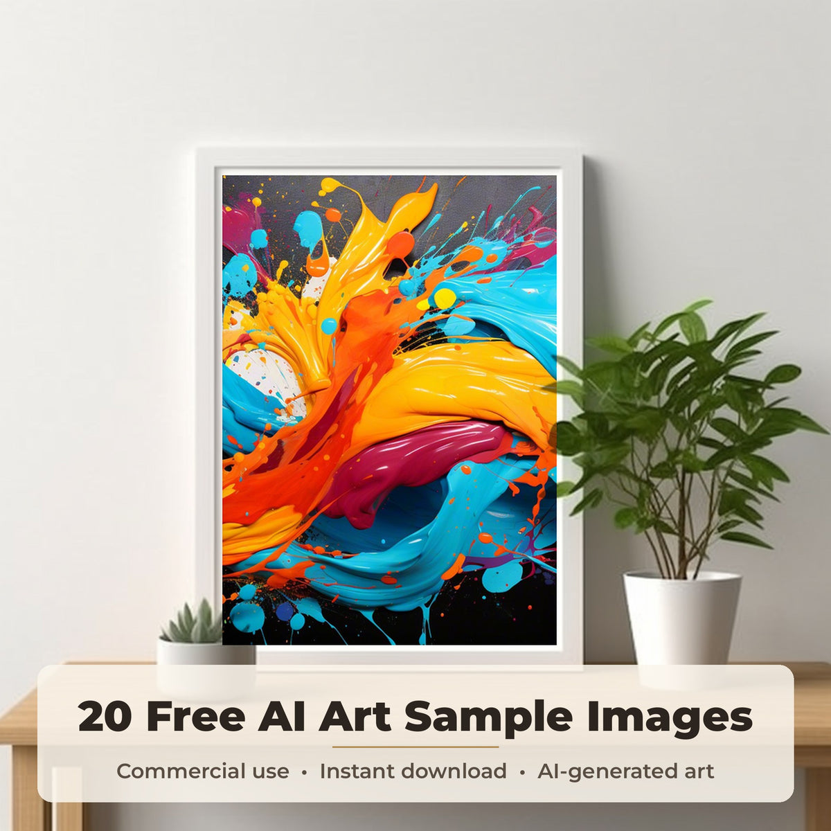 Free AI Art Sample Pack: framed print of an image from the bundle on a living room wall, 20 images included