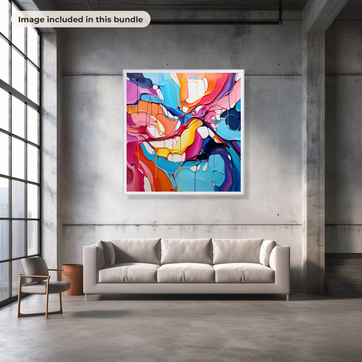 Free AI Art Sample Pack: real image from the bundle printed as large framed wall art in a styled interior