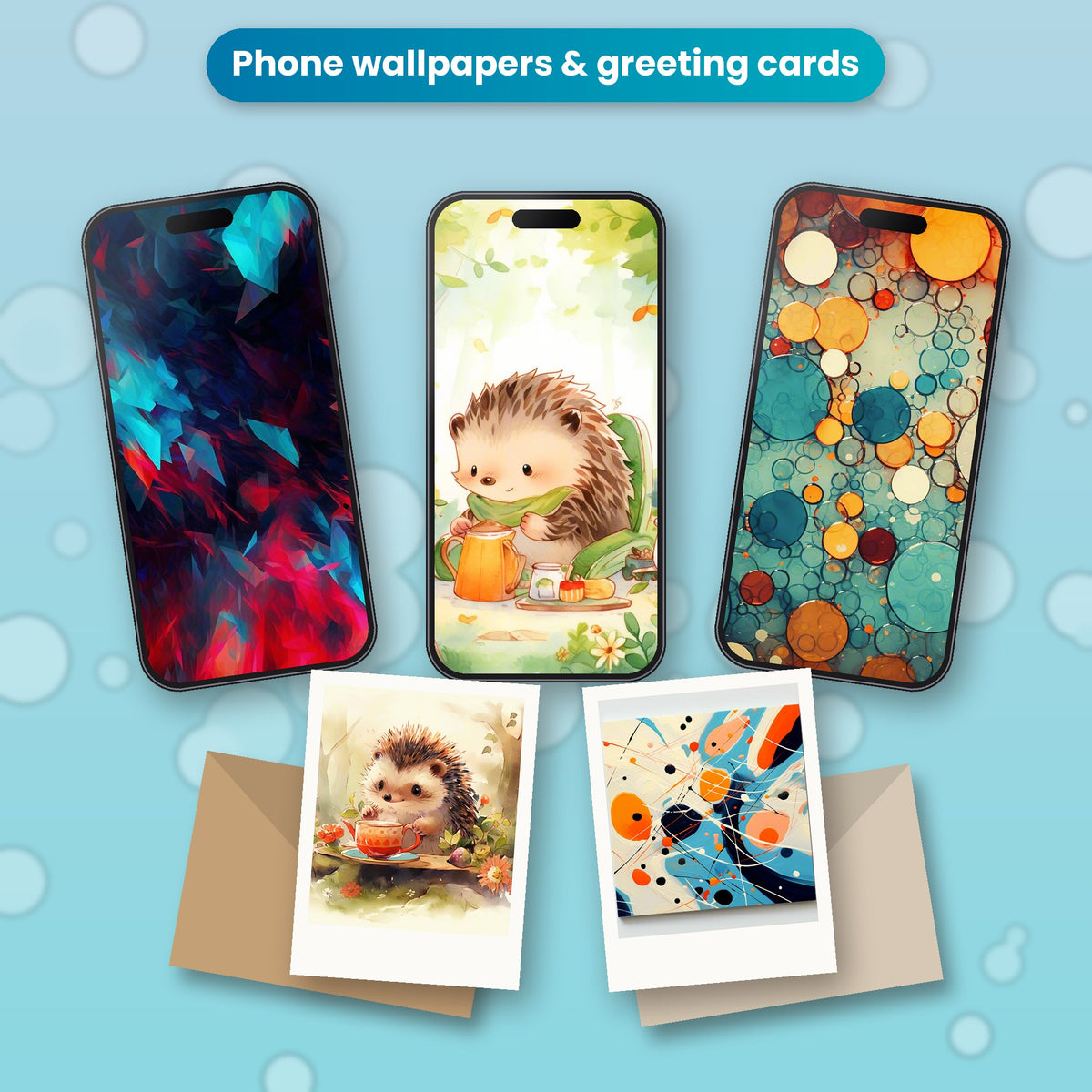 Free AI Art Sample Pack: bundle images used as phone wallpapers and printed greeting cards with envelopes