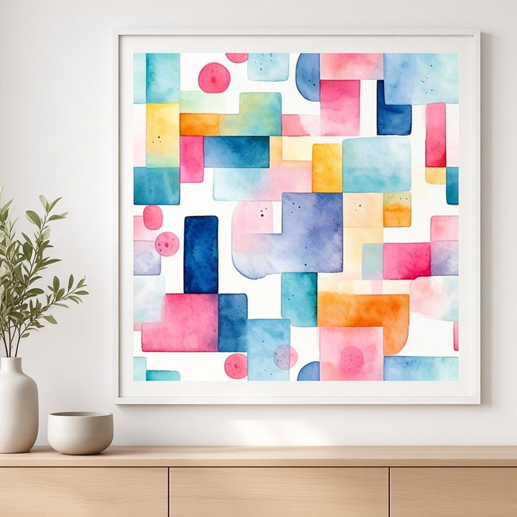 Watercolour geometric blocks from the bundle shown as a flat framed print, image 0023