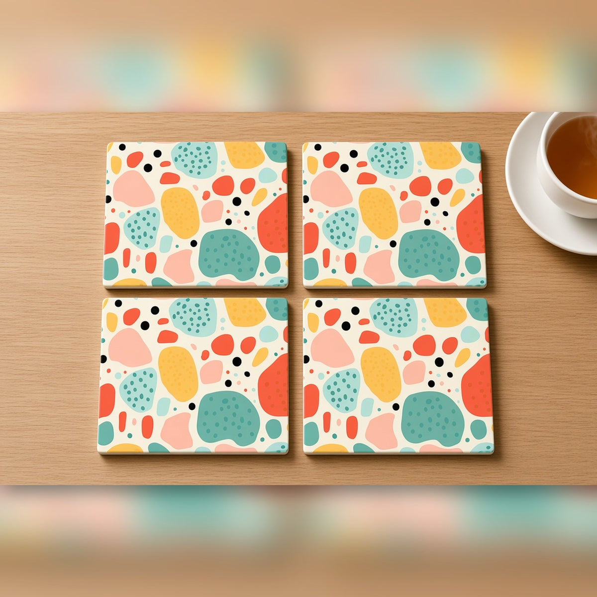 Playful organic spots pattern from the bundle printed flat on a set of four coasters, image 0237