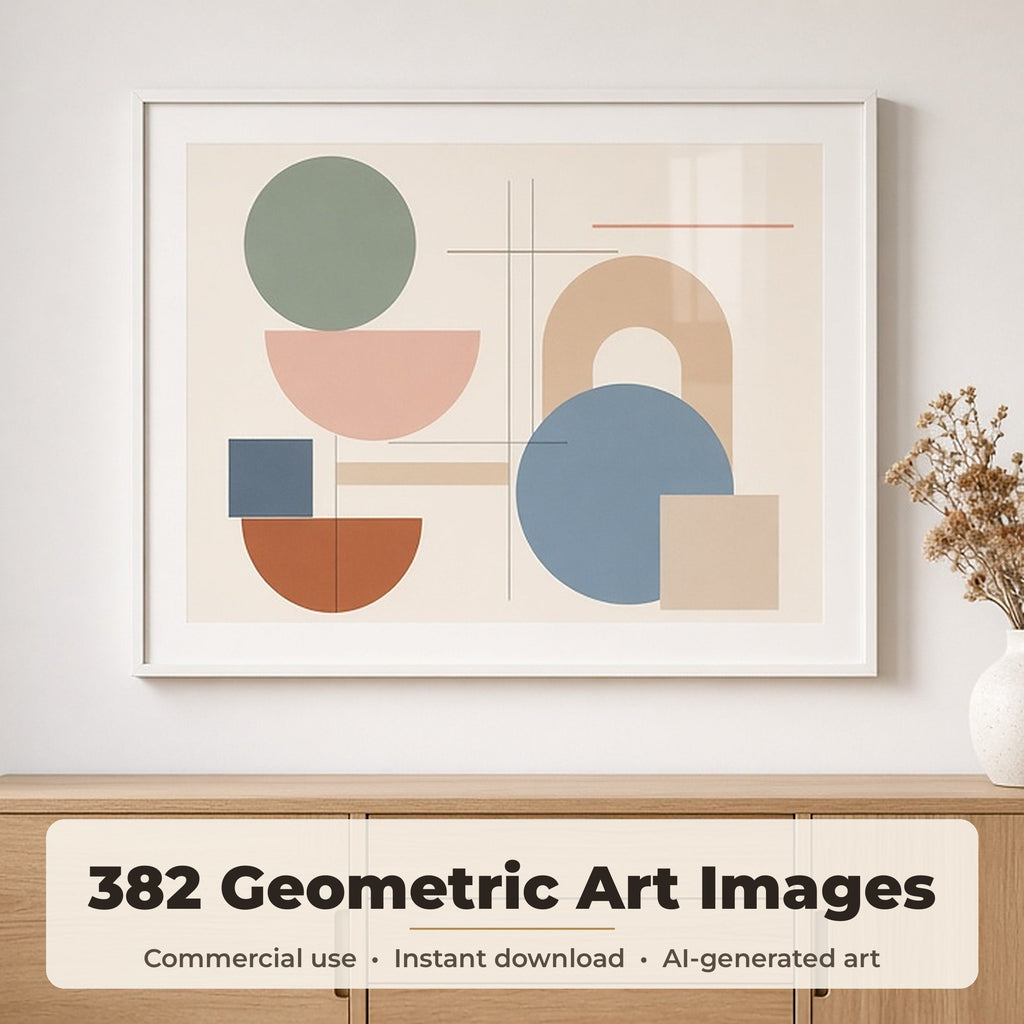 Geometric Art Collection: Framed pastel mid-century geometric print above an oak sideboard in a bright Scandinavian dining room, made with an image from this bundle