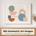 Geometric Art Collection: Framed pastel mid-century geometric print above an oak sideboard in a bright Scandinavian dining room, made with an image from this bundle