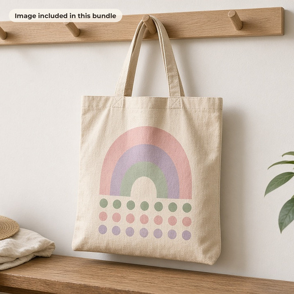 Geometric Art Collection: Canvas tote bag printed with a pastel geometric rainbow arch and dots hanging on a peg rail (image from this bundle)