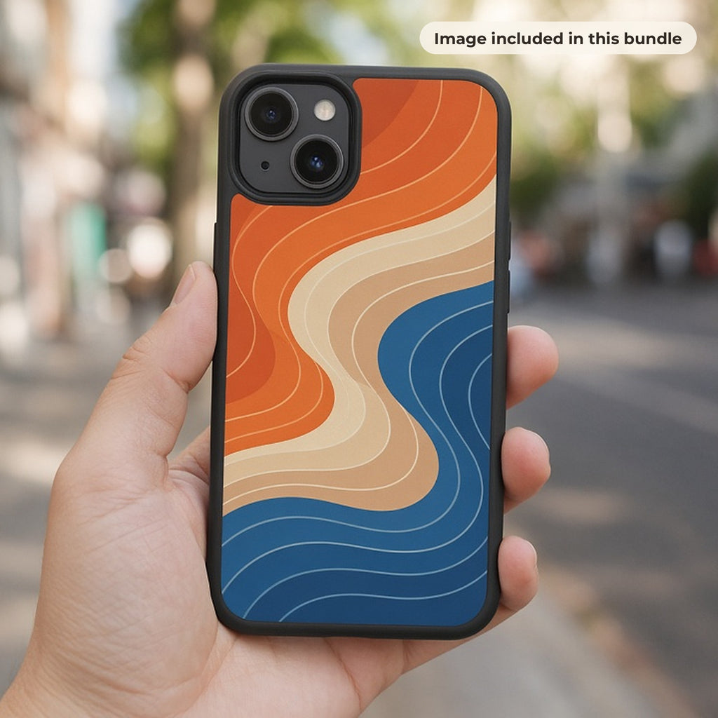 Geometric Art Collection: Hand holding a phone case printed with retro orange, cream and blue wave stripes on a sunny street (image from this bundle)