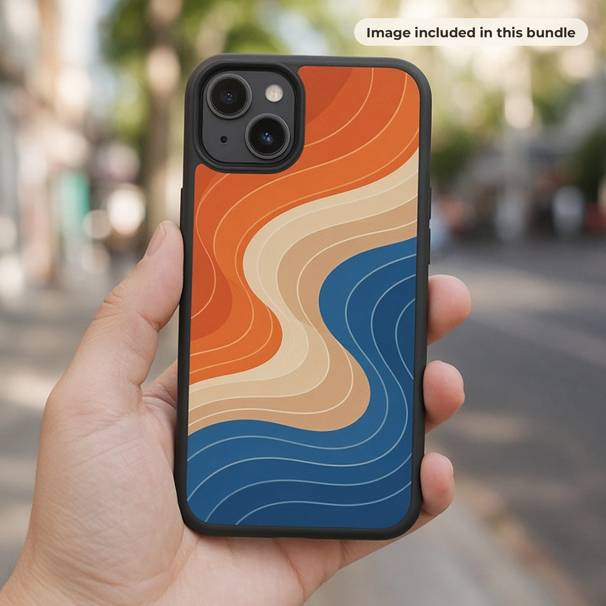 Geometric Art Collection: Hand holding a phone case printed with retro orange, cream and blue wave stripes on a sunny street (image from this bundle)