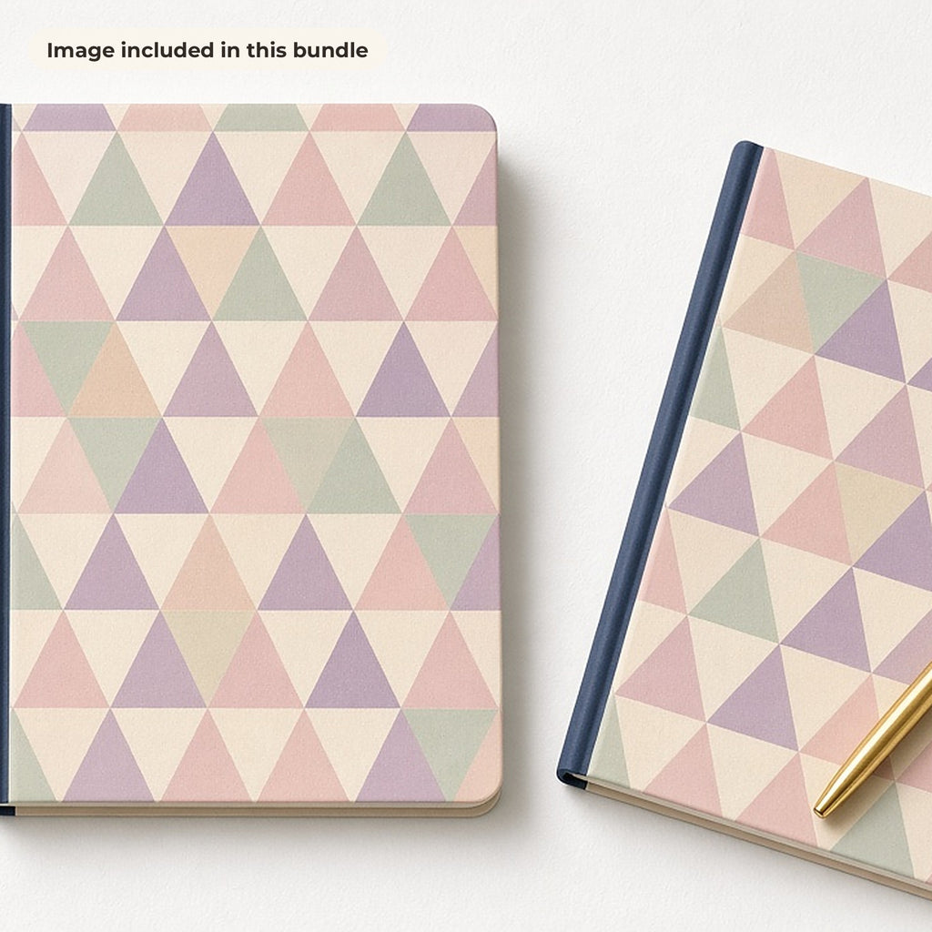 Geometric Art Collection: Hardback notebooks with pastel geometric triangle covers on a white desk with a latte and a gold pen (image from this bundle)