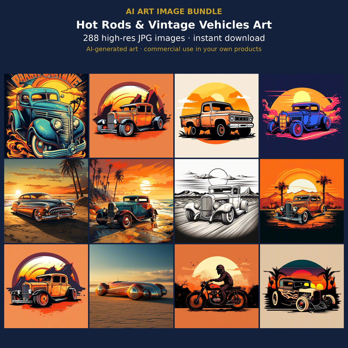 Hot Rods & Vintage Vehicles Art: cover showing sample AI-generated images