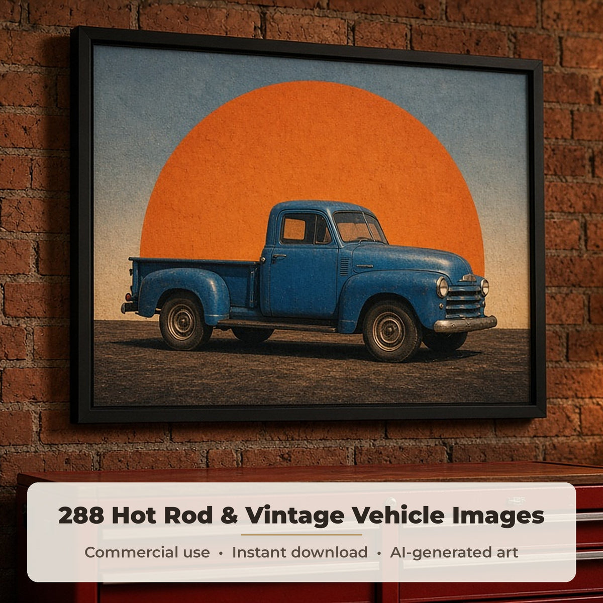 Hot Rods & Vintage Vehicles Art: Framed print of a vintage blue pickup truck against an orange sun on a brick garage wall above a red tool chest, made with an image from this bundle