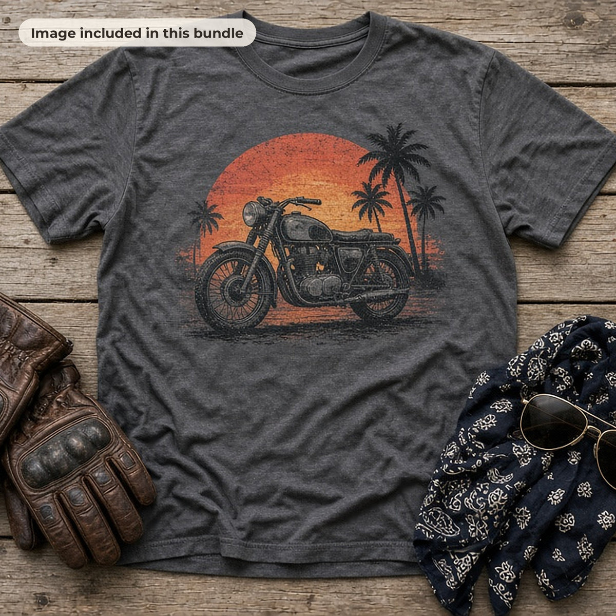 Hot Rods & Vintage Vehicles Art: Charcoal t-shirt printed with a vintage motorcycle and palm trees against a sunset, with riding gloves and aviators (image from this bundle)