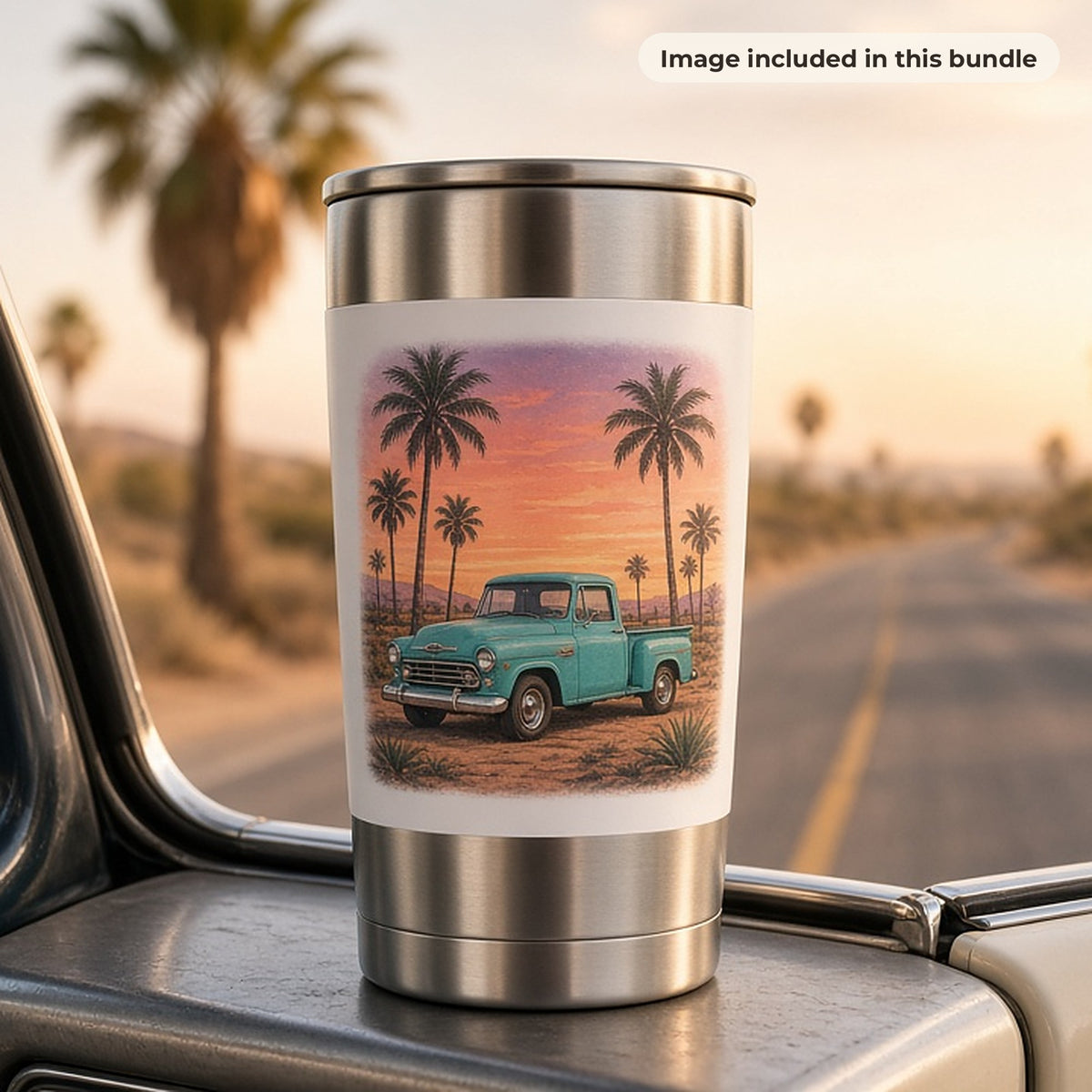 Hot Rods & Vintage Vehicles Art: Travel tumbler printed with a turquoise pickup truck under palm trees, resting in a classic car window on a desert road (image from this bundle)
