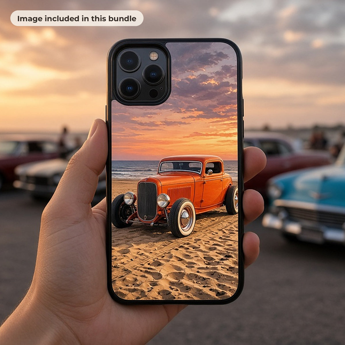 Hot Rods & Vintage Vehicles Art: Hand holding a phone case printed with an orange hot rod on a beach at sunset, at a classic car show (image from this bundle)