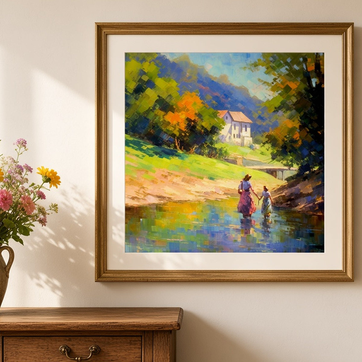 Impressionist-style river walk by a white house from the bundle shown as a flat framed print, image 0071