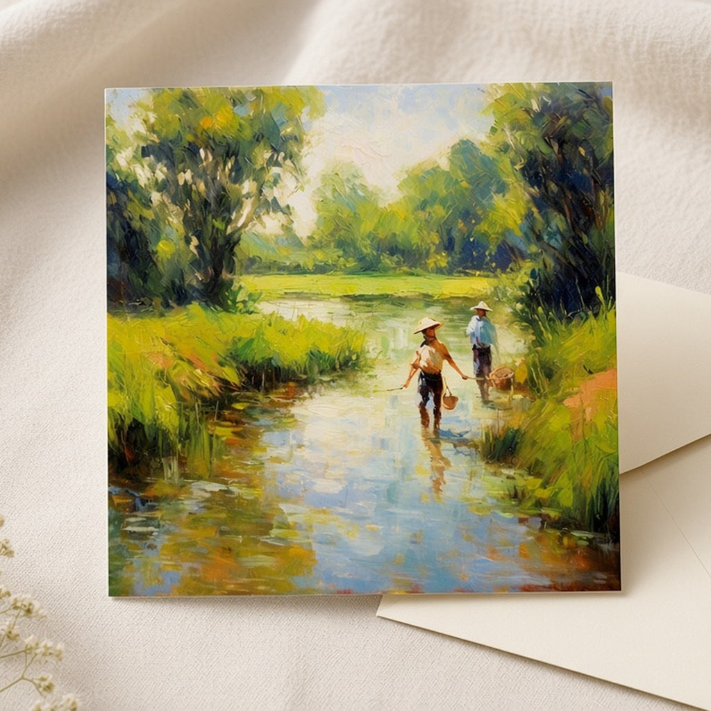 Impressionist-style river with figures wading from the bundle printed flat on a greeting card, image 0007